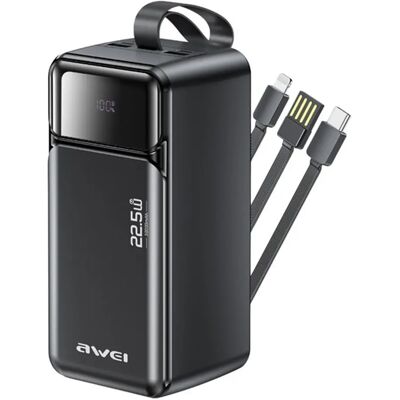AWEI PA-107 vésztöltő 3 USB aljzat 50000mAh 225W PD gyorstöltő 3.0 fix Type-C/lightning kábel fekete AWEI PA-107 vésztöltő 3 USB aljzat 50000mAh 225W PD gyorstöltő 3.0 fix Type-C/lightning kábel fekete