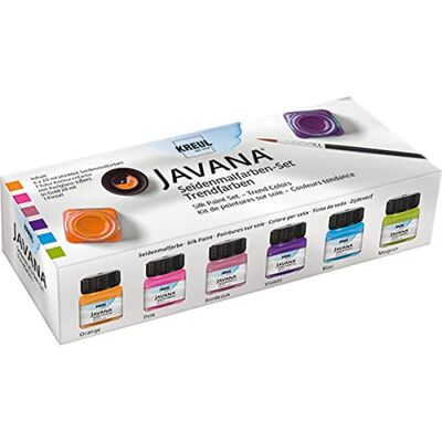 KREUL 81800 Javana Seidenmalfarben, Set Trendfarben, 6 Farben im 20 ml Glas, 20 ml Konturenfarbe und ein Pinsel, hochpigmentierte brillante Farben, für Seide und helle Textilien KREUL 81800 Javana Seidenmalfarben, Set Trendfarben, 6 Farben im 20 ml Glas, 20 ml Konturenfarbe und ein Pinsel, hochpigmentierte brillante Farben, für Seide und helle Textilien