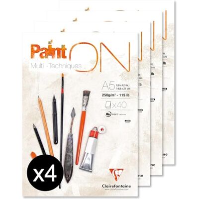 Clairefontaine 96538C Packung mit 4 Blöcken Paint´ON feinkörnig, DIN A5, kopfseitig geleimt, 40 Blatt, 250g, weiß, 4 Stück Clairefontaine 96538C Packung mit 4 Blöcken Paint´ON feinkörnig, DIN A5, kopfseitig geleimt, 40 Blatt, 250g, weiß, 4 Stück