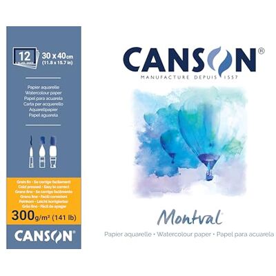 Canson Montval, Aquarellpapier, fein, 300 g/m², rundum geleimter Block, 30 x 40 cm, Weiß, 12 Blatt Canson Montval, Aquarellpapier, fein, 300 g/m², rundum geleimter Block, 30 x 40 cm, Weiß, 12 Blatt