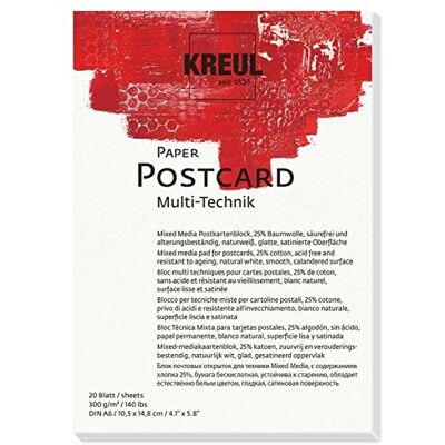 KREUL 69031 Paper Postcard, DIN A6, 300 g/qm, 20 Blatt, säurefrei und alterungsbeständig, naturweiß, für Mixed Media Fine Art Techniken KREUL 69031 Paper Postcard, DIN A6, 300 g/qm, 20 Blatt, säurefrei und alterungsbeständig, naturweiß, für Mixed Media Fine Art Techniken