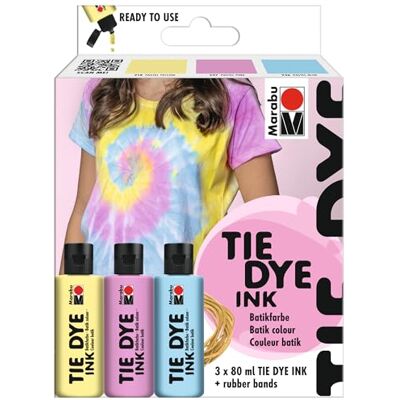 Marabu TIE DYE INK Batikfarben Set Pastell, 3 x 80 ml Farbe auf Wasserbasis, inkl. Gummibänder, strahlende Batikfarbe für helle Textilien bis 20% Kunstfaseranteil, 1730000000201 Marabu TIE DYE INK Batikfarben Set Pastell, 3 x 80 ml Farbe auf Wasserbasis, inkl. Gummibänder, strahlende Batikfarbe für helle Textilien bis 20% Kunstfaseranteil, 1730000000201