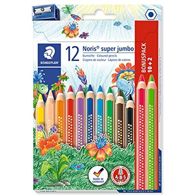 Staedtler Buntstift Noris super jumbo, erhöhte Bruchfestigkeit, Sechskantform, ABS-System, attraktive Sternchenprägung, Set mit 12 brillanten Farben und einem Spitzer, 129 NC12P1, 12 Stück (1er Pack) Staedtler Buntstift Noris super jumbo, erhöhte Bruchfestigkeit, Sechskantform, ABS-System, attraktive Sternchenprägung, Set mit 12 brillanten Farben und einem Spitzer, 129 NC12P1, 12 Stück (1er Pack)