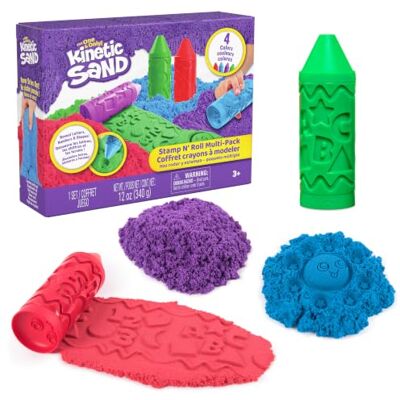 Kinetic Sand , Stamp N' Roll Crayon Multi-Pack with 12 oz Purple, Green, Blue & Red Play Sand, Toddler Toys, Arts and Crafts Kids Toys for Girls & Boys Ages 3 and up Kinetic Sand , Stamp N' Roll Crayon Multi-Pack with 12 oz Purple, Green, Blue & Red Play Sand, Toddler Toys, Arts and Crafts Kids Toys for Girls & Boys Ages 3 and up