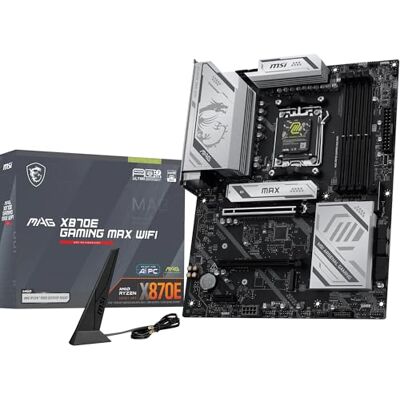 MSI MAG X870E Gaming MAX WiFi Mainboard, ATX Unterstützt AMD Ryzen 9000/8000 / 7000 Prozessoren, AM5 DDR5 Memory Boost (bis zu 8200+ MT/s OC), PCIe 5.0 x16, M.2 Gen5, Wi-Fi 7, 5G LAN MSI MAG X870E Gaming MAX WiFi Mainboard, ATX Unterstützt AMD Ryzen 9000/8000 / 7000 Prozessoren, AM5 DDR5 Memory Boost (bis zu 8200+ MT/s OC), PCIe 5.0 x16, M.2 Gen5, Wi-Fi 7, 5G LAN