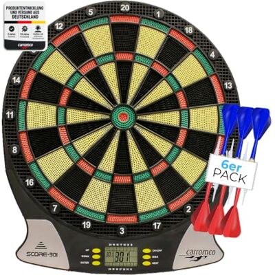Carromco SCORE-301 elektronische Dartscheibe 4-Loch Abstand, rot-grün-beige-schwarz, 26 Spiele & 523 Varianten, für 1-8 Spieler, batteriebetrieben, inkl. Pfeile Carromco SCORE-301 elektronische Dartscheibe 4-Loch Abstand, rot-grün-beige-schwarz, 26 Spiele & 523 Varianten, für 1-8 Spieler, batteriebetrieben, inkl. Pfeile
