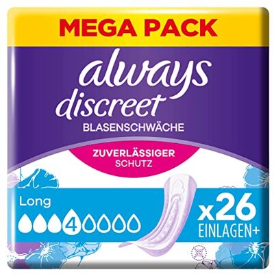 Always Discreet Inkontinenz-Slipeinlagen Damen, Long (26 Binden) Mega Pack, starker Schutz, den Sie kaum spüren Always Discreet Inkontinenz-Slipeinlagen Damen, Long (26 Binden) Mega Pack, starker Schutz, den Sie kaum spüren