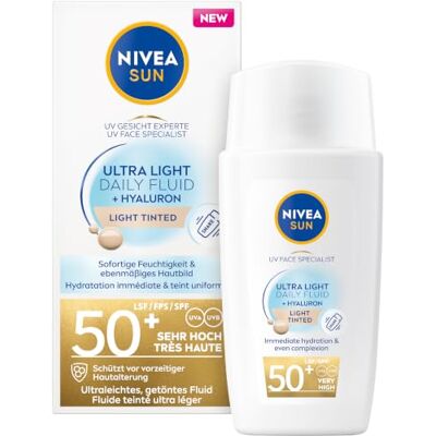 NIVEA SUN getönte Gesichtspflege mit LSF 50+ (40 ml), ultraleichte Sonnencreme mit Hyaluron und Antioxidans, UV Gesicht Experte Ultra Light Daily Sonnenschutz Fluid Heller Hauttyp NIVEA SUN getönte Gesichtspflege mit LSF 50+ (40 ml), ultraleichte Sonnencreme mit Hyaluron und Antioxidans, UV Gesicht Experte Ultra Light Daily Sonnenschutz Fluid Heller Hauttyp