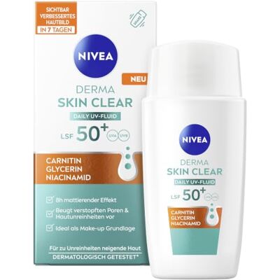 NIVEA Gesichtspflege mit LSF 50+, nicht fettende Sonnencreme mit Carnitin, Glycerin & Niacinamid, für zu Unreinheiten neigende Haut, Derma Skin Clear Daily UV-Fluid (40 ml) NIVEA Gesichtspflege mit LSF 50+, nicht fettende Sonnencreme mit Carnitin, Glycerin & Niacinamid, für zu Unreinheiten neigende Haut, Derma Skin Clear Daily UV-Fluid (40 ml)