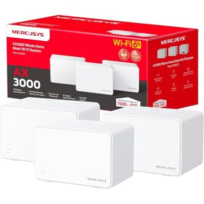 MERCUSYS Halo H3000X Mesh-WLAN-Set (3er-Pack), Wi-Fi 6 AX3000 Dualband-Router & Repeater, 3 × Gigabit-Anschlüsse pro Einheit, MU-MIMO, WPA3, Kindersicherung, empfohlen für Häuser mit 3–5 Schlafzimmern MERCUSYS Halo H3000X Mesh-WLAN-Set (3er-Pack), Wi-Fi 6 AX3000 Dualband-Router & Repeater, 3 × Gigabit-Anschlüsse pro Einheit, MU-MIMO, WPA3, Kindersicherung, empfohlen für Häuser mit 3–5 Schlafzimmern
