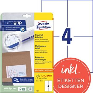 Avery 6120 Universal Etiketten (100 plus 20 Klebeetiketten extra, 105x148mm auf A4, Papier matt, bedruckbare Versandetiketten, selbstklebende Versandaufkleber mit ultragrip) 30 Blatt, weiß Avery 6120 Universal Etiketten (100 plus 20 Klebeetiketten extra, 105x148mm auf A4, Papier matt, bedruckbare Versandetiketten, selbstklebende Versandaufkleber mit ultragrip) 30 Blatt, weiß