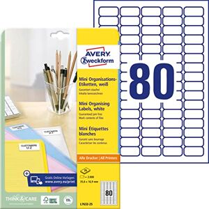 Avery L7632-25 mini Organisationsetiketten (2.000 Aufkleber, 35,6x16,9mm auf A4, selbstklebende Vielzweck-Etiketten, bedruckbar, Klebeetiketten zum Organisieren/Kennzeichnen) 25 Blatt, weiß Avery L7632-25 mini Organisationsetiketten (2.000 Aufkleber, 35,6x16,9mm auf A4, selbstklebende Vielzweck-Etiketten, bedruckbar, Klebeetiketten zum Organisieren/Kennzeichnen) 25 Blatt, weiß