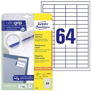 Avery 4785 Universal Etiketten (1.600 plus 320 Klebeetiketten extra, 48,5x16,9mm auf A4, Papier matt, individuell bedruckbar, selbstklebende Aufkleber mit ultragrip) 30 Blatt, weiß Avery 4785 Universal Etiketten (1.600 plus 320 Klebeetiketten extra, 48,5x16,9mm auf A4, Papier matt, individuell bedruckbar, selbstklebende Aufkleber mit ultragrip) 30 Blatt, weiß