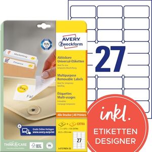 Avery L4737REV-25 Universal Etiketten (675 plus 135 Klebeetiketten extra, 63,5x29,6mm auf A4, wieder rückstandsfrei ablösbar/abziehbar, bedruckbar, selbstklebende Aufkleber) 30 Blatt, weiß Avery L4737REV-25 Universal Etiketten (675 plus 135 Klebeetiketten extra, 63,5x29,6mm auf A4, wieder rückstandsfrei ablösbar/abziehbar, bedruckbar, selbstklebende Aufkleber) 30 Blatt, weiß