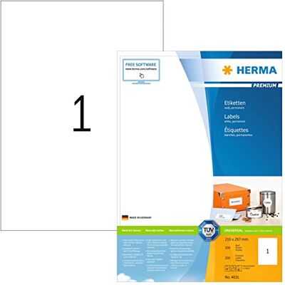 HERMA 4631 Universal Etiketten, 200 Blatt, 210 x 297 mm, 1 pro A4 Bogen, 200 Stück, selbstklebend, bedruckbar, matt, blanko Papier Klebeetiketten Aufkleber, weiß HERMA 4631 Universal Etiketten, 200 Blatt, 210 x 297 mm, 1 pro A4 Bogen, 200 Stück, selbstklebend, bedruckbar, matt, blanko Papier Klebeetiketten Aufkleber, weiß