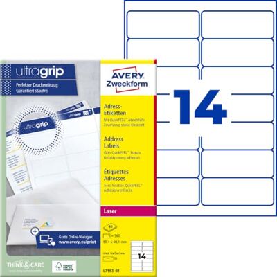 Avery L7163-40 Adressetiketten/Adressaufkleber (560 Etiketten mit ultragrip, 99,1x38,1mm auf A4, bedruckbar, selbstklebend, für DIN lang Briefkuverts, Papier matt) 40 Blatt, weiß Avery L7163-40 Adressetiketten/Adressaufkleber (560 Etiketten mit ultragrip, 99,1x38,1mm auf A4, bedruckbar, selbstklebend, für DIN lang Briefkuverts, Papier matt) 40 Blatt, weiß