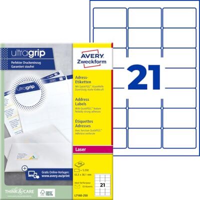 Avery L7160-250 Adressetiketten/Adressaufkleber (5.250 Etiketten mit ultragrip, 63,5x38,1mm auf A4, bedruckbar, selbstklebend, für DIN B6/C6 Briefkuverts, Papier matt) 250 Blatt, weiß Avery L7160-250 Adressetiketten/Adressaufkleber (5.250 Etiketten mit ultragrip, 63,5x38,1mm auf A4, bedruckbar, selbstklebend, für DIN B6/C6 Briefkuverts, Papier matt) 250 Blatt, weiß