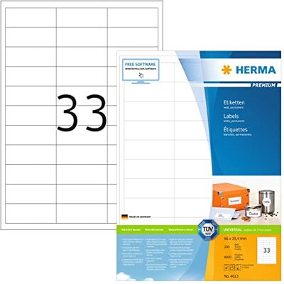 HERMA 4613 Universal Etiketten, 200 Blatt, 66 x 25,4 mm, 33 pro A4 Bogen, 6600 Stück, selbstklebend, bedruckbar, matt, blanko Papier Klebeetiketten Aufkleber, weiß HERMA 4613 Universal Etiketten, 200 Blatt, 66 x 25,4 mm, 33 pro A4 Bogen, 6600 Stück, selbstklebend, bedruckbar, matt, blanko Papier Klebeetiketten Aufkleber, weiß