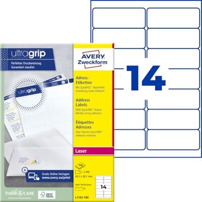 Avery L7163-100 Adressetiketten/Adressaufkleber (1.400 Etiketten mit ultragrip, 99,1x38,1mm auf A4, bedruckbar, selbstklebend, für DIN lang Briefkuverts, Papier matt) 100 Blatt, weiß Avery L7163-100 Adressetiketten/Adressaufkleber (1.400 Etiketten mit ultragrip, 99,1x38,1mm auf A4, bedruckbar, selbstklebend, für DIN lang Briefkuverts, Papier matt) 100 Blatt, weiß