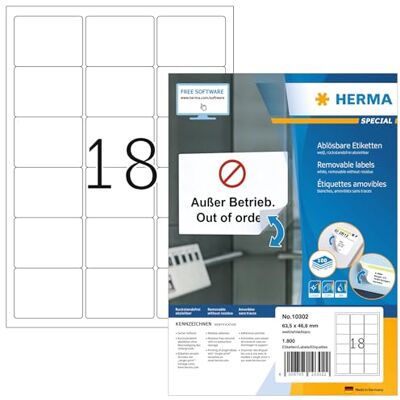 HERMA 10302 Universal Etiketten ablösbar, 100 Blatt, 63,5 x 46,6 mm, 18 pro A4 Bogen, 1800 Stück, selbstklebend, bedruckbar, matt, blanko Papier Klebeetiketten Aufkleber, weiß HERMA 10302 Universal Etiketten ablösbar, 100 Blatt, 63,5 x 46,6 mm, 18 pro A4 Bogen, 1800 Stück, selbstklebend, bedruckbar, matt, blanko Papier Klebeetiketten Aufkleber, weiß
