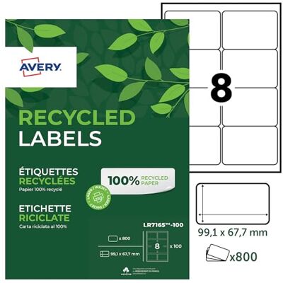 Avery Zweckform LR7165-100 Versand-Etiketten (A4, 800 Stück, Recycling, 99,1 x 67,7 mm, 100 Blatt) weiß Avery Zweckform LR7165-100 Versand-Etiketten (A4, 800 Stück, Recycling, 99,1 x 67,7 mm, 100 Blatt) weiß
