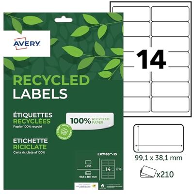 Avery 210 weiße selbstklebende Etiketten, personalisierbar, 100% recycelt, Format 99,1 x 38,1 mm, Laser- und Tintenstrahldruck Avery 210 weiße selbstklebende Etiketten, personalisierbar, 100% recycelt, Format 99,1 x 38,1 mm, Laser- und Tintenstrahldruck