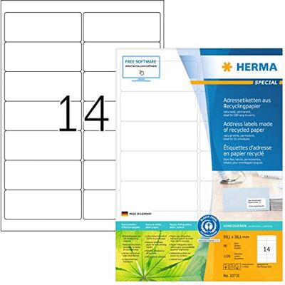 HERMA 10731 Recycling Etiketten, 80 Blatt, 99,1 x 38,1 mm, 14 pro A4 Bogen, 1120 Stück, selbstklebend, bedruckbar, matt, blanko Recycling-Papier Klebeetiketten Aufkleber, natur-weiß HERMA 10731 Recycling Etiketten, 80 Blatt, 99,1 x 38,1 mm, 14 pro A4 Bogen, 1120 Stück, selbstklebend, bedruckbar, matt, blanko Recycling-Papier Klebeetiketten Aufkleber, natur-weiß