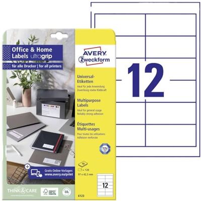 Avery 6123 Adressaufkleber (120 Klebeetiketten, 97x42,3 mm auf A4, bedruckbare Absenderetiketten, selbstklebende Adressetiketten mit ultragrip, ideal fürs HomeOffice) 10 Blatt, weiß Avery 6123 Adressaufkleber (120 Klebeetiketten, 97x42,3 mm auf A4, bedruckbare Absenderetiketten, selbstklebende Adressetiketten mit ultragrip, ideal fürs HomeOffice) 10 Blatt, weiß