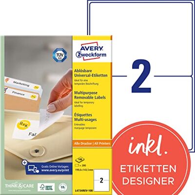 Avery L4734REV-100 Universal Etiketten (200 Klebeetiketten, 199,6x143,5mm auf A4, wieder rückstandsfrei ablösbar/abziehbar, individuell bedruckbare, selbstklebende Aufkleber) 100 Blatt, weiß Avery L4734REV-100 Universal Etiketten (200 Klebeetiketten, 199,6x143,5mm auf A4, wieder rückstandsfrei ablösbar/abziehbar, individuell bedruckbare, selbstklebende Aufkleber) 100 Blatt, weiß