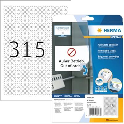 HERMA 4385 Universal Etiketten ablösbar rund, 25 Blatt, Ø 10 mm, 315 pro A4 Bogen, 7875 Stück, selbstklebend, bedruckbar, matt, blanko Papier Klebeetiketten Aufkleber, weiß HERMA 4385 Universal Etiketten ablösbar rund, 25 Blatt, Ø 10 mm, 315 pro A4 Bogen, 7875 Stück, selbstklebend, bedruckbar, matt, blanko Papier Klebeetiketten Aufkleber, weiß