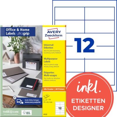 Avery 6123 Adressaufkleber (120 Klebeetiketten, 97x42,3 mm auf A4, bedruckbare Absenderetiketten, selbstklebende Adressetiketten mit ultragrip, ideal fürs HomeOffice) 10 Blatt, weiß Avery 6123 Adressaufkleber (120 Klebeetiketten, 97x42,3 mm auf A4, bedruckbare Absenderetiketten, selbstklebende Adressetiketten mit ultragrip, ideal fürs HomeOffice) 10 Blatt, weiß