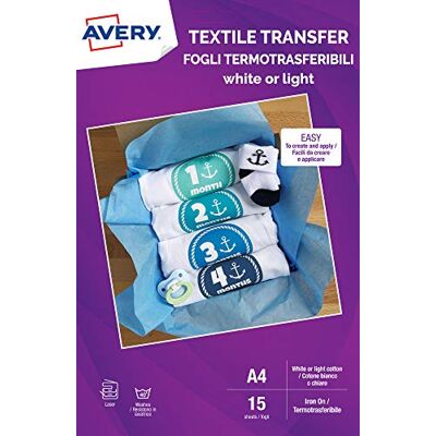 Avery UK MD1004.UK Textil-Transferpapier für helle Baumwolle, Laserdrucker, 1 bedruckbares Stofftransferpapier pro A4-Blatt, 15 Blatt pro Packung, Weiß Avery UK MD1004.UK Textil-Transferpapier für helle Baumwolle, Laserdrucker, 1 bedruckbares Stofftransferpapier pro A4-Blatt, 15 Blatt pro Packung, Weiß
