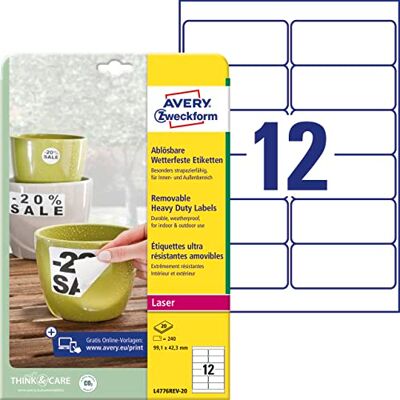Avery L4776REV-20 Wetterfeste Folienetiketten (240 Aufkleber, 99,1x42,3mm auf A4, selbstklebend, wasserfest, wiederablösbar, strapazierfähig, bedruckbare Outdoor Klebefolie) 20 Blatt, weiß Avery L4776REV-20 Wetterfeste Folienetiketten (240 Aufkleber, 99,1x42,3mm auf A4, selbstklebend, wasserfest, wiederablösbar, strapazierfähig, bedruckbare Outdoor Klebefolie) 20 Blatt, weiß