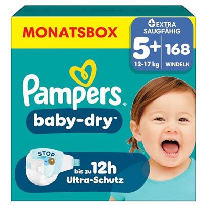 Pampers Baby-Dry Größe 5+, 168 Windeln, 12kg-17kg, Bis zu 100% Auslaufschutz & Komfort die ganze Nacht Pampers Baby-Dry Größe 5+, 168 Windeln, 12kg-17kg, Bis zu 100% Auslaufschutz & Komfort die ganze Nacht