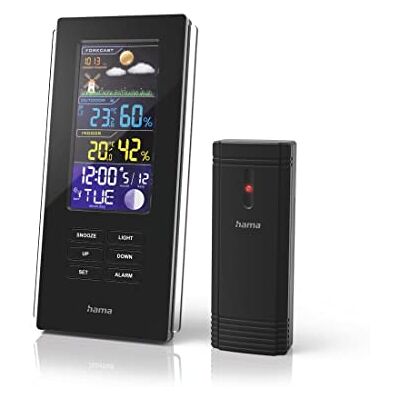 Hama Wetterstation Funk mit Außensensor „Color Edge“ (Wettervorhersage, misst Luftfeuchtigkeit, Innen- und Außentemperatur, Thermometer, Hygrometer, Barometer, DCF Funkuhr, Datum, Mondphasen) schwarz Hama Wetterstation Funk mit Außensensor „Color Edge“ (Wettervorhersage, misst Luftfeuchtigkeit, Innen- und Außentemperatur, Thermometer, Hygrometer, Barometer, DCF Funkuhr, Datum, Mondphasen) schwarz