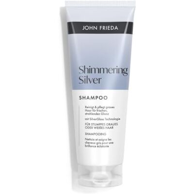 John Frieda Shimmering Silver Shampoo Inhalt: 250 ml Reinigt und pflegt graues Haar Für frischen, strahlenden Glanz John Frieda Shimmering Silver Shampoo Inhalt: 250 ml Reinigt und pflegt graues Haar Für frischen, strahlenden Glanz