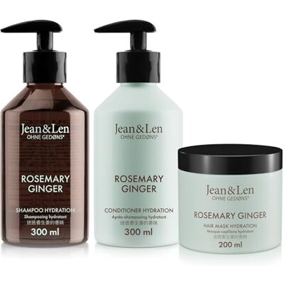 Jean & Len Haarpflege-Set Rosmarin & Ingwer, 2 x 300 ml + 1 x 200 ml Shampoo, Spülung & Haarkur für trockenes Haar, würziger Duft, frei von Parabenen & Silikon Jean & Len Haarpflege-Set Rosmarin & Ingwer, 2 x 300 ml + 1 x 200 ml Shampoo, Spülung & Haarkur für trockenes Haar, würziger Duft, frei von Parabenen & Silikon