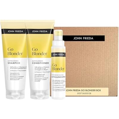 John Frieda Go Blonder Vorteilsset Inhalt: Shampoo, 250ml, Conditioner, 250ml, Aufhellungsspray, 100ml Für feines, blondes, blondiertes Haar Aufhellend John Frieda Go Blonder Vorteilsset Inhalt: Shampoo, 250ml, Conditioner, 250ml, Aufhellungsspray, 100ml Für feines, blondes, blondiertes Haar Aufhellend