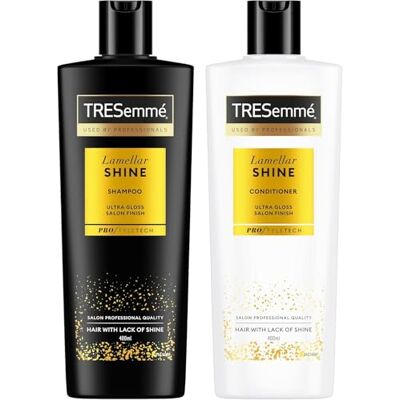 TRESemmé Lamellar Shine Haarpflegeset, 400 ml + 400 ml Mit Shampoo und Conditioner, Seidiges, Glänzendes und Entwirrtes Haar, Verstärkte Haarfasern, Mit Lamellar-Technologie TRESemmé Lamellar Shine Haarpflegeset, 400 ml + 400 ml Mit Shampoo und Conditioner, Seidiges, Glänzendes und Entwirrtes Haar, Verstärkte Haarfasern, Mit Lamellar-Technologie