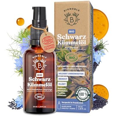 BIONOBLE Schwarzkümmelöl Bio Kaltgepresst Haare, Gesicht, Haut 50ml 100% Natürlich, Hexanfrei Ungefiltert ägyptisches Kümmelöl Mildert Unreinheiten Black Seed Oil Glasflasche, Pipette BIONOBLE Schwarzkümmelöl Bio Kaltgepresst Haare, Gesicht, Haut 50ml 100% Natürlich, Hexanfrei Ungefiltert ägyptisches Kümmelöl Mildert Unreinheiten Black Seed Oil Glasflasche, Pipette