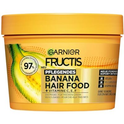 Garnier Fructis Pflegende Bananen Haarmaske, Leave-In für trockenes Haar und mehr Geschmeidigkeit, Anwendung als Spülung, Maske oder Leave-In, Lipidkomplex, Ohne Silikone, Hair Food, 3in1, 400ml Garnier Fructis Pflegende Bananen Haarmaske, Leave-In für trockenes Haar und mehr Geschmeidigkeit, Anwendung als Spülung, Maske oder Leave-In, Lipidkomplex, Ohne Silikone, Hair Food, 3in1, 400ml