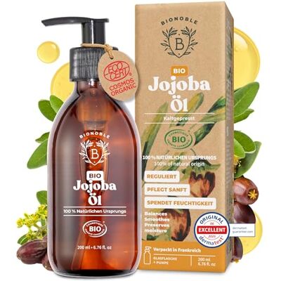 BIONOBLE Jojobaöl Bio Kaltgepresst Haare, Gesicht, Körper, Bart 200ml 100% Rein, Hexanfrei Reguliert Sebum, Pflegt Sanft Jojobaöl Bio für Kosmetik, Jojoba Oil for Hair Glasflasche, Pumpe BIONOBLE Jojobaöl Bio Kaltgepresst Haare, Gesicht, Körper, Bart 200ml 100% Rein, Hexanfrei Reguliert Sebum, Pflegt Sanft Jojobaöl Bio für Kosmetik, Jojoba Oil for Hair Glasflasche, Pumpe