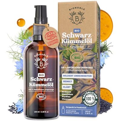 BIONOBLE Schwarzkümmelöl Bio Kaltgepresst Haare, Gesicht, Haut 100ml 100% Natürlich, Hexanfrei Ungefiltert ägyptisches Kümmelöl Mildert Unreinheiten Black Seed Oil Glasflasche, Pipette BIONOBLE Schwarzkümmelöl Bio Kaltgepresst Haare, Gesicht, Haut 100ml 100% Natürlich, Hexanfrei Ungefiltert ägyptisches Kümmelöl Mildert Unreinheiten Black Seed Oil Glasflasche, Pipette