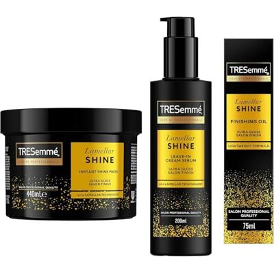 TRESemmé Lamellar Shine Haarpflegeset, 440 ml + 200 ml + 75 ml Mit Maske, Leave-In Serumcreme und Haaröl, Für Alle Haartypen, Seidiges und Glänzendes Haar, Mit Lamellar-Technologie TRESemmé Lamellar Shine Haarpflegeset, 440 ml + 200 ml + 75 ml Mit Maske, Leave-In Serumcreme und Haaröl, Für Alle Haartypen, Seidiges und Glänzendes Haar, Mit Lamellar-Technologie