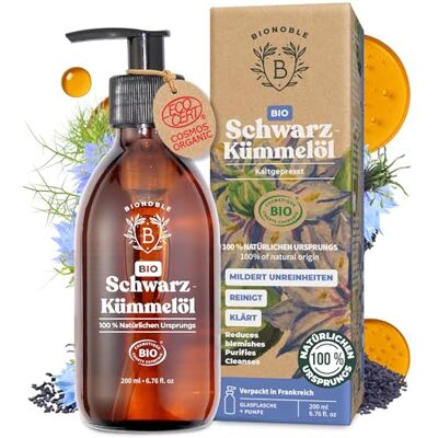 BIONOBLE Schwarzkümmelöl Bio Kaltgepresst Haare, Gesicht, Haut 200ml 100% Natürlich, Hexanfrei Ungefiltert ägyptisches Kümmelöl Mildert Unreinheiten Black Seed Oil Glasflasche, Pumpe BIONOBLE Schwarzkümmelöl Bio Kaltgepresst Haare, Gesicht, Haut 200ml 100% Natürlich, Hexanfrei Ungefiltert ägyptisches Kümmelöl Mildert Unreinheiten Black Seed Oil Glasflasche, Pumpe