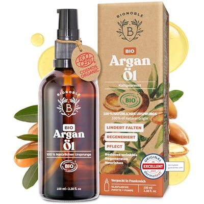 BIONOBLE Arganöl Bio Kaltgepresst Haare, Gesicht, Haut Marokko 100ml 100% Rein, Hexanfrei, Bio-zertifiziert Repariert, Nährt Arganöl Haare Vegan Argan Oil of Morocco Glasflasche, Pipette BIONOBLE Arganöl Bio Kaltgepresst Haare, Gesicht, Haut Marokko 100ml 100% Rein, Hexanfrei, Bio-zertifiziert Repariert, Nährt Arganöl Haare Vegan Argan Oil of Morocco Glasflasche, Pipette