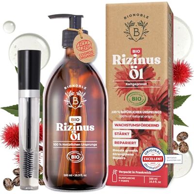 BIONOBLE Rizinusöl Kaltgepresst Bio + Mascara-Kit Wimpern, Haare 500ml 100% Rein, Natürlich, Hexanfrei Fördert Wachstum, Repariert Haut Castor Oil Organic, Rizinusöl Bio Glasflasche, Pumpe BIONOBLE Rizinusöl Kaltgepresst Bio + Mascara-Kit Wimpern, Haare 500ml 100% Rein, Natürlich, Hexanfrei Fördert Wachstum, Repariert Haut Castor Oil Organic, Rizinusöl Bio Glasflasche, Pumpe