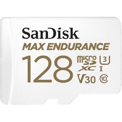 SanDisk MAX ENDURANCE Video Monitoring for Dashcams & Home Monitoring 128 GB microSDXC Memory Card + SD Adaptor 60,000 Hours Endurance SanDisk MAX ENDURANCE Video Monitoring for Dashcams & Home Monitoring 128 GB microSDXC Memory Card + SD Adaptor 60,000 Hours Endurance