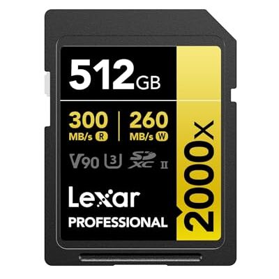 Lexar Professional SD Karte 512GB, SDXC UHS-II Speicherkarte ohne Lesegerät, Bis Zu 300MB/s Lesen, Class 10, U3, V90 SD Speicherkarte für DSLR, Videokameras in Kinoqualität Lexar Professional SD Karte 512GB, SDXC UHS-II Speicherkarte ohne Lesegerät, Bis Zu 300MB/s Lesen, Class 10, U3, V90 SD Speicherkarte für DSLR, Videokameras in Kinoqualität