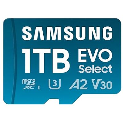 Samsung EVO Select (2024) microSD-Karte + SD-Adapter, 1 TB, UHS-I U3, 4K UHD, Full HD, 160 MB/s Lesen, Speicherkarte für Smartphones, Tablets und Laptops, MB-ME1T0SA/EU Samsung EVO Select (2024) microSD-Karte + SD-Adapter, 1 TB, UHS-I U3, 4K UHD, Full HD, 160 MB/s Lesen, Speicherkarte für Smartphones, Tablets und Laptops, MB-ME1T0SA/EU